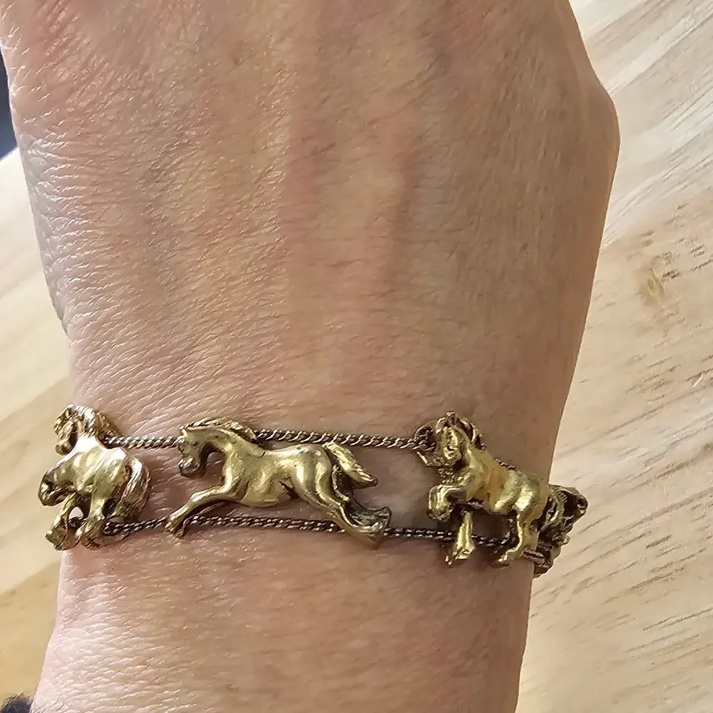 Vintage Gold Horse Slider Chain Bracelet Equestrian Galloping Design